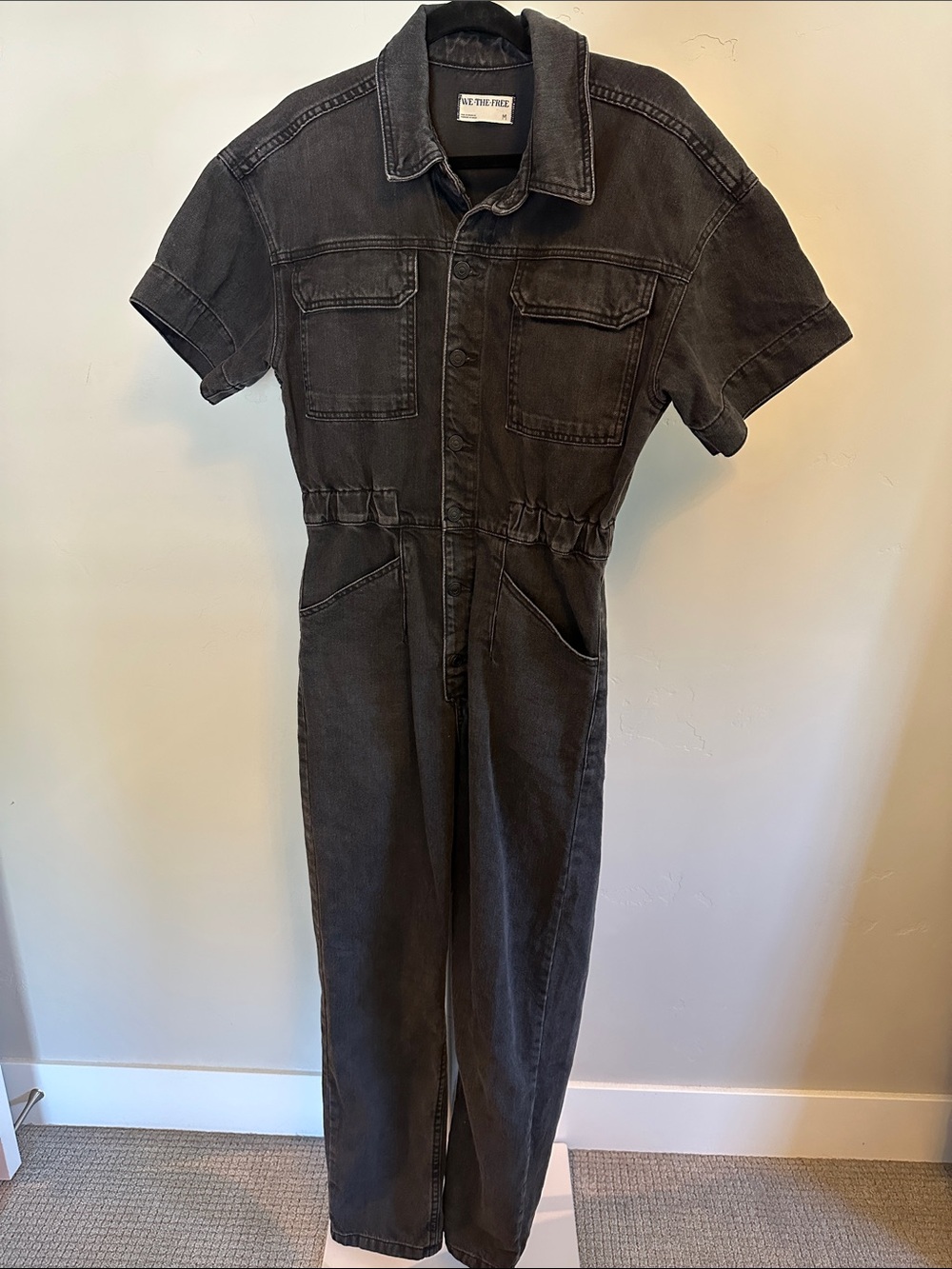 Free People We The Free Washed Black Short Sleeve Denim Jumpsuit